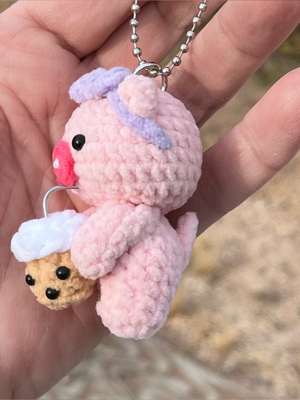 Boba Tea Mini Crochet Piggy with Purple Headband Key Chain / Purse Charm - Picture 5 of 7